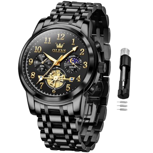 OLEVS Men's Business Watch Black with Large Easy-Read Analog Quartz Date Display Luxury Stainless Steel Band Waterproof Luminous Hands