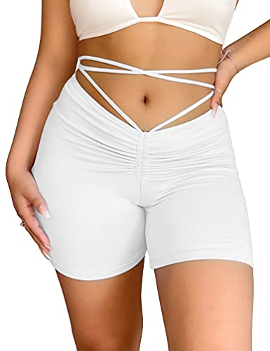 BORIFLORS Women s Sexy Workout Biker Athletic Shorts Drawstring Elastic Waist Gym Shorts, Large,White