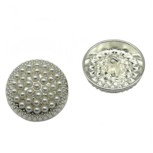 10PCS Round Metal Rhinestone Buttons for Clothing DIY Sewing Accessories Wedding Decaration Wholesale Luxury Fashion Decor Button (White Pearl+Silver, 23mm)