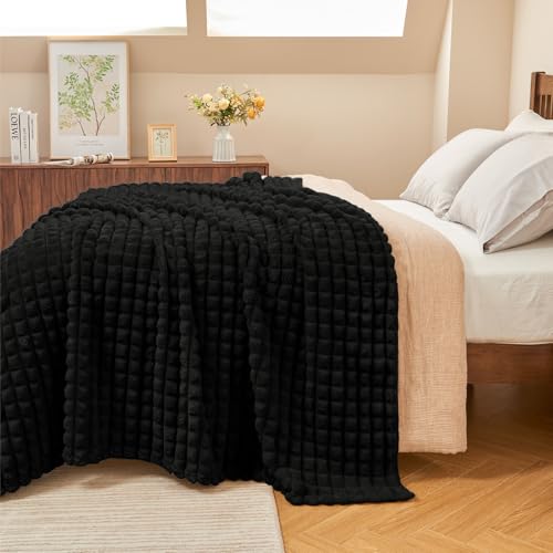Image of BEDELITE Black Checked Fleece Throw Blankets Queen Size for Bed, 90x90 Inch