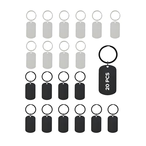 OMTech Keychain Blank Set 20pc Dog Tag Set with 10 Silver & 10 Black Stainless Steel Rectangular Stamping Blanks for Laser Engraving Engravable Name Tags with Rings for DIY Luggage Backpack More
