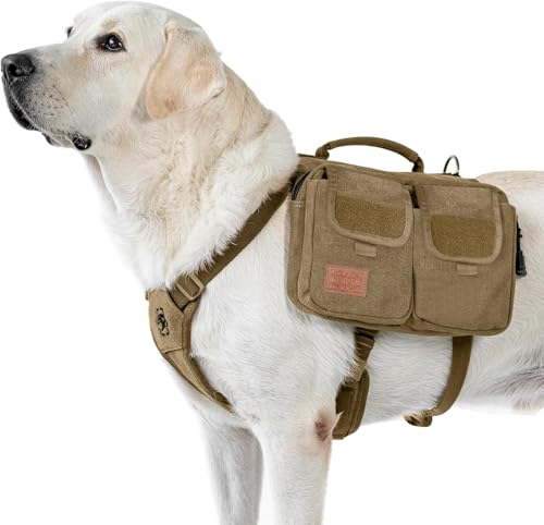 OneTigris Hoppy Camper 3.0 - Pettorina per cani con tasca, zaino per cani di taglia media/grande, zaino per cani, 2 tasche principali e 4 tasche secondarie, marrone M