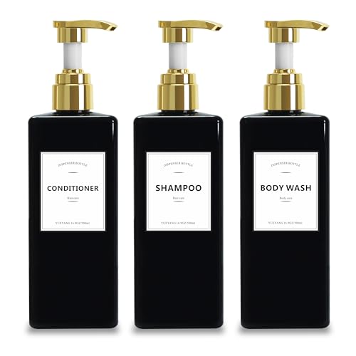 YUEYANG Black Shower Bottles Refillable with Labels, 16.9OZ Pack of 3 Empty Black Shower Dispenser with Gold Pump, Boutique Plastic Bottles for Body Wash, Body Oil