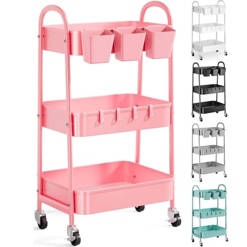 Image of 3 Tier Metal Rolling Cart with Lockable Wheels and Handle, Three Tiered Pink Trolley Cart on Wheels, Utility Storage Organizer for Bathroom, Kitchen, Teachers, Art, Crafts, Baby Diaper, Snack, Nail