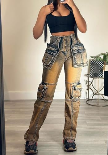 Women Stretch Cargo Jeans Y2k Boyfriend High Waisted Straight Leg Pockets Street Denim Pants4