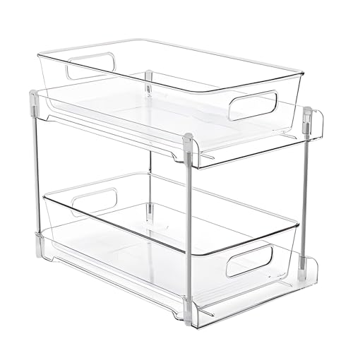 2 Pack Organizador Transparente de Plástico Bajo Fregadero de Doble Nivel con Cajones Deslizantes, Estante Removible con Bandeja, Asa y Pies Antideslizantes para Cocina, Baño y Gabinete miniatura 7