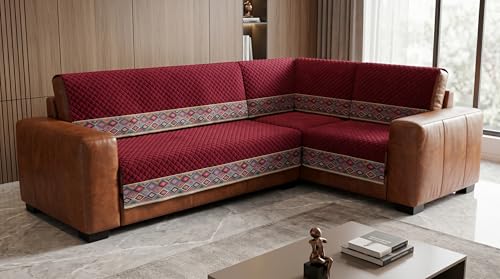 Image of Maroon Velvet Sofa Mat, L Shape 3+3 | Full Cover for Seat & Back, Anti-Skid, Machine Washable