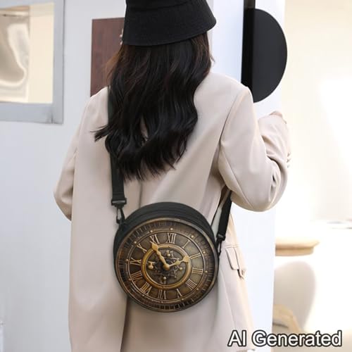 Image of Women Novelty Round Clock Shape Zippered Clock Purses for Women Tote Handbag Shoulder Bag, Gift for Mom Girlfriend