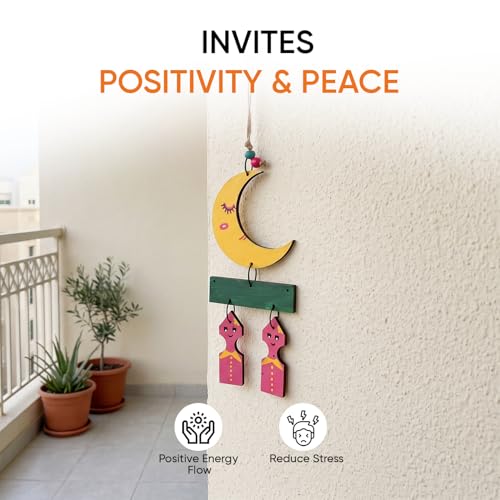 Image of Aakriti Art Creations Moony Brothers Wind Chime Multicolor | Handmade Wooden & Metal Windchimes for Home | Decorative Wind Chimes for Balcony, Garden, Living Room | Feng Shui Wind Chime Decor