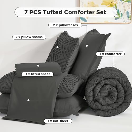 Image of Andency Oversized King Size Comforter Set 7 Pieces Dark Grey - Bed in a Bag Oversized King Boho Lightweight Fluffy Tufted Bedding Sets with Comforter, Sheets, Pillowcases & Shams