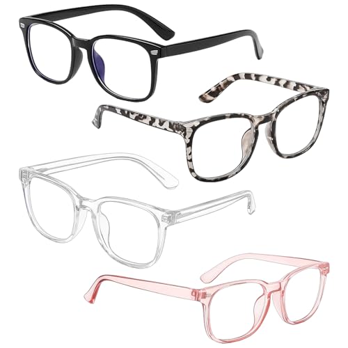 KxrTpx 4 Pack Kids Blue Light Glasses Fashion Glasses for Boys and Girls Screen Protection for Online Classes and Gaming Black Clear Pink White Frames