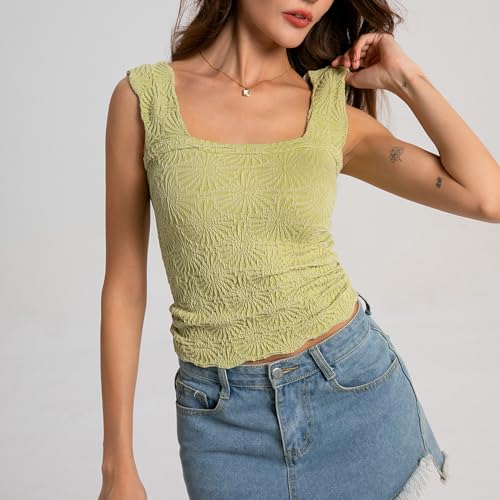 Women's Square Neck Wide Strap Crop Tank Tops Flower Going Out Tops Slim Fit Lettuce Trim Crop Cami Tops