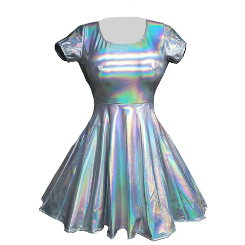 pindarave Sexy Alien Costume Adult Women Holographic Silver Metallic Sparkly High Waisted Flare Skater Dress Rave Outfit for Woman(XL, 370SR)