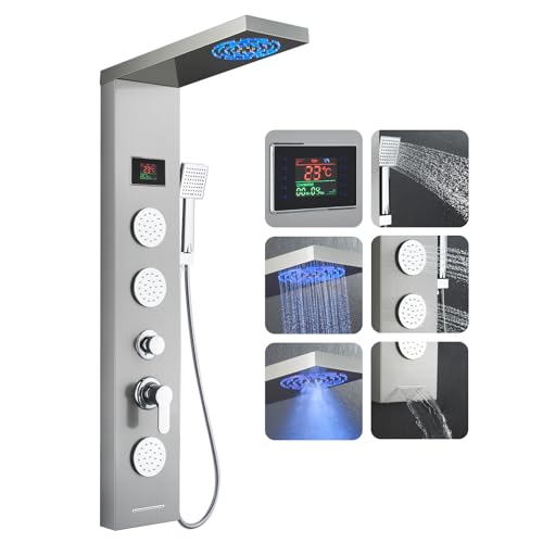 ROVOGO Duschpaneel mit Armatur und LED Temp-Anzeige, 6-Funktion Duschsäule ohne Batterie - LED Regen-/Nebelduschkopf, 3 Runde Massagedüsen, Handbrause, Wanneneinlauf, Edelstahl Gebürstet, Wandmontage ROVOGO Duschpaneel mit Armatur und LED Temp-Anzeige, 6-Funktion Duschsäule ohne Batterie - LED Regen-/Nebelduschkopf, 3 Runde Massagedüsen, Handbrause, Wanneneinlauf, Edelstahl Gebürstet, Wandmontage
