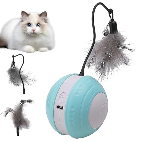 NGOKPYD Juguete Interactivo para Gatos – Pelota Eléctrica con Movimiento Inteligente, Sonido de Pájaro y Cola de Plumas Reemplazable, Juguete Divertido para Gatos, Evita el aburrimiento(Verde)