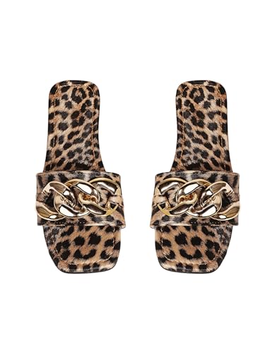 GORGLITTER Women's Leopard Cheetah Flat Sandals Y2k Square Open Toe Single Band Slide Sandals
