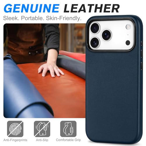 Image of SHIELDON Genuine Leather Case for iPhone 17 Pro Max 6.9 inch 2025, Navy Blue | Compatible with MagSafe, Magnetic Wireless Charging, Camera Button, Metal Buttons, Camera Bezel, Slim, Shockproof, Women Men