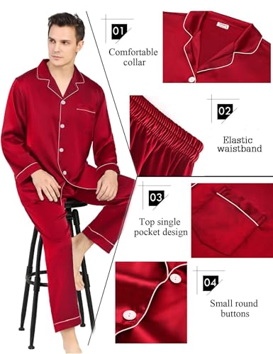 SWOMOG Couples Matching Silk Satin Pajamas Set Long Sleeve Sleepwear Soft Button Down Loungewear 2 Pcs Pj Set (Men Red Small)4