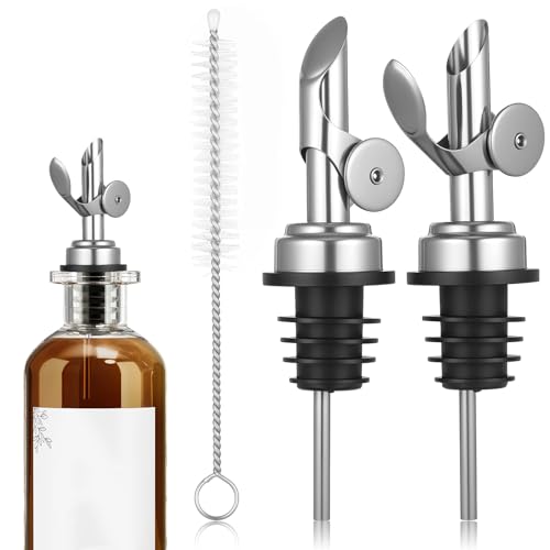 2 PCS Oil Spout, Olive Oil Dispenser Spout, Liquor Pour Spouts Self Closing Weighted Pourer for Liquor Bottles, Vinegar, Syrup and Alcohol, Silver