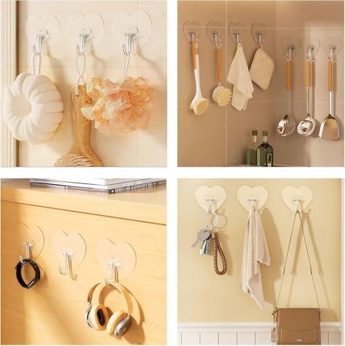 Image of 10 PCS Adhesive Hook for Hanging Heart Love Shape Heavy Duty Waterproof Transparent Sticky Hooks No Drill Nail Free Utility Wall Hangers for Kitchen Bathroom Bedroom Keys Towels