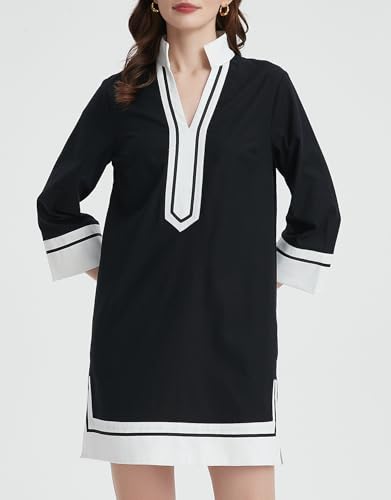 Kedera Women's Linen Shift Dress V Neck 3/4 Sleeve Deep V Neck Casual Mini Collared Dress for Summer Work with Pockets4