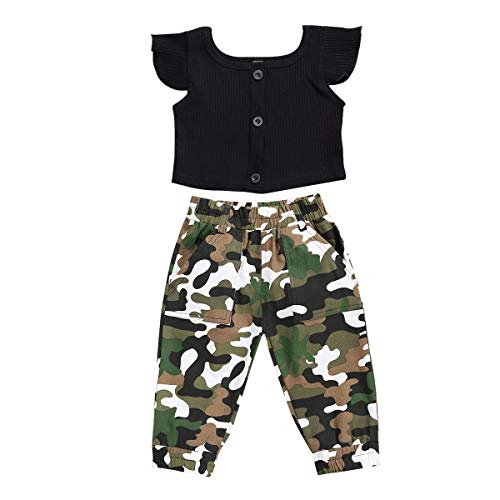 Toddler Baby Girls 2Pcs Set,Kids Ruffle Vest Crop Tops+Floral Wide Leg Pants Summer Outfits (Camouflage, 3-4T)