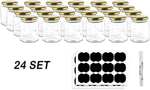 Hexagon Glass Jars by Nellam - 10 OZ, 24 Pack - Includes 48 Chalk Sticker Labels and 2x Chalk Pen. DIY Jars for Canning, Party Favors, Jams, Sauces, Herbs, Spices. (Gold Lid - 24 Pcs)