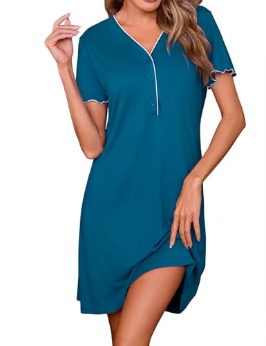 Marvmys Camisón Mujer Algodón Verano Cuello en V Manga Corta con Botones Suave y Cómodo Ropa de Dormir Elegante Azul Cobalto M