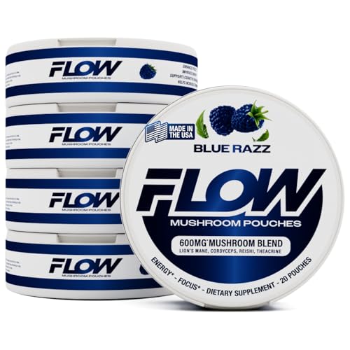 Flow Pouches Mushroom Nootropic Pouches 600mg Lions Mane Reishi Cordyceps Energy Pouches for Focus and Clean Energy Caffeine Free Sugar Free Nicotine Free Now Made in USA (5 Cans Blue Razz)