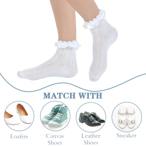 2 Pairs White Ruffle Socks for Women Turn-Cuff Lace Frilly Ankle Sock Comfortable Cotton Princess Socks2