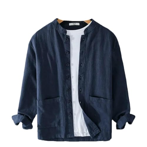 Chemise col montant homme en coton et lin à manches longues pour le printemps