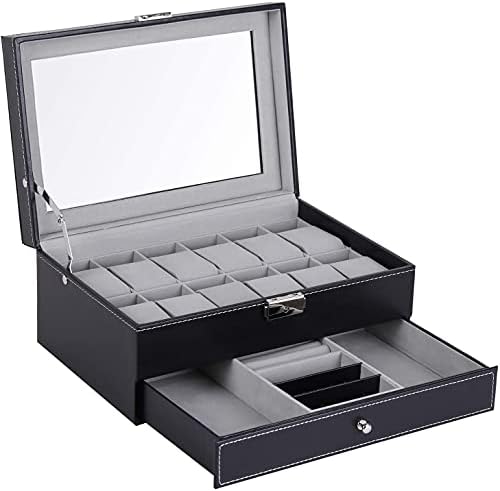 Watch Box, 12 Slot PU Leather Lockable Watch Storage Boxes Watch Display Case, Women Jewelry Display Drawer Case, 2-Tier Organizer Jewelry Watch Sunglasses Holder with Glass Top for Men Women