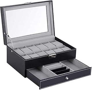 Watch Box, 12 Slot PU Leather Lockable Watch Storage Boxes Watch Display Case, Women Jewelry Display Drawer Case, 2-Tier Organizer Jewelry Watch Sunglasses Holder with Glass Top for Men Women