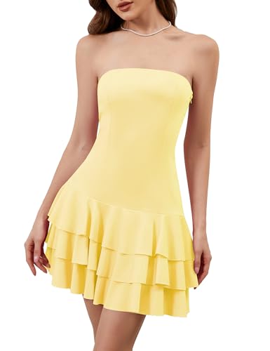 Image of Meladyan Women's 2025 Summer Strapless Tube Dress Sexy Off Shoulder Ruffle Tiered Flowy Mini Dresses Yellow