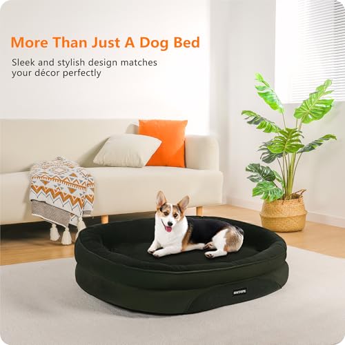 HMTOPE Orthopädisches Hundebett, Hundesofa, Vierseitiges Nackenrolle Kissen, rutschfeste Unterseite Hundekorb, Abnehmbar und Waschbar, Kleine Hunde, Mittelgroße Hunde, 90 x 71 x 15 cm, Olivgrün