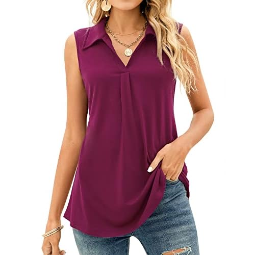 AKEWEI Sleeveless Tops for Women - Summer V Neck Casual Tank Tops Loose Solid Collar Polo Shirts