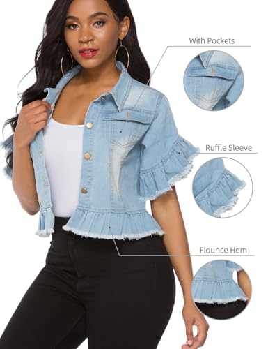 Image of Suvimuga Women's Denim Jacket Button Down Distressed Ruffle Sleeve Crop Jean Jackets Coat