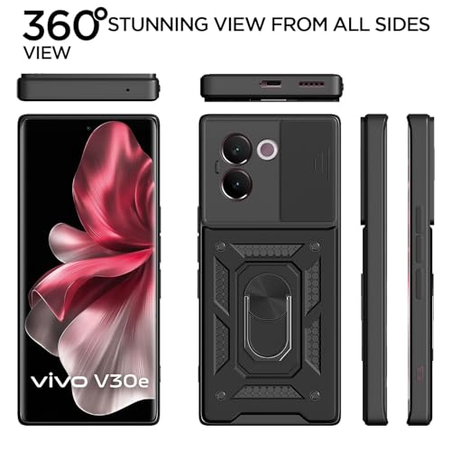Image of Pikkme Back Cover for Vivo V30e 5G | Sliding Camera Shield with Ring Stand | D10 Full Camera Protection Bumper Case (Black)