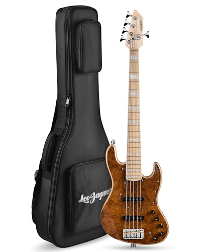 Leo Jaymz 5-String Electric Bass Guitar Exotic Natural Burl Top Active 3-Band EQ Alnico 5 Pickups Maple Neck and Fretboard High-Gloss Finish (Natural Burl)