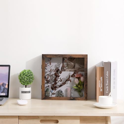 Muzilife 11x11 Shadow Box Picture Frame - 2.16" Interior Deep Wood & Glass Rectangle Display Case Ready to Hang Memory Box Baby Sports Memorabilia, Pins, Awards, Tickets, and Photos, Honey Brown