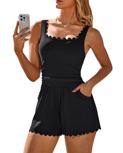 Charmo Scalloped Swim Romper One Piece Swimsuit for Women Tummy Control Bathing Suit Cute Swim Suit with Shorts Black S