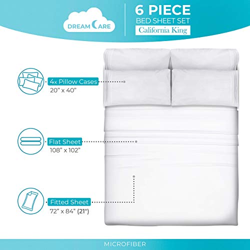 Image of DREAMCARE California King Sheet Sets - 6 pcs Breathable Cooling Sheets | up to 21 inch Extra Deep California King Sheets with Side Pockets - Extra Soft 100% Double Brushed Hotel Luxury Bedding - White