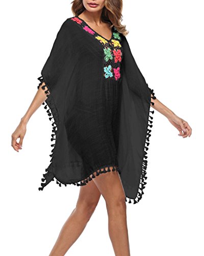 ThunderCloud Women's Summer Tassel Trim Bikini Swimsuit Beach Cover Up (Black) - Thumbnail 2