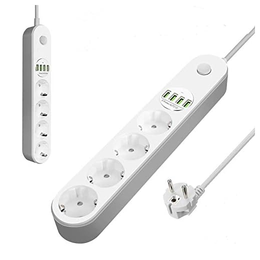 Glisteny Regleta Enchufes, Enchufe Multiple con Interruptor, 4 usb Carga Rapida, 4 Enchufes, 2m Cable , 1800W/5V, Adecuado para Material de Oficina, Familias y Viajes