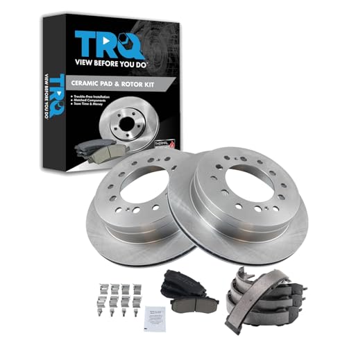 Image of TRQ Rear Brake Pad and Rotor Set Ceramic Parking Brake Shoes Compatible with 2003-2009 Lexus GX470 Toyota 4Runner 2007-2009 FJ Cruiser 2001-2007 Sequoia