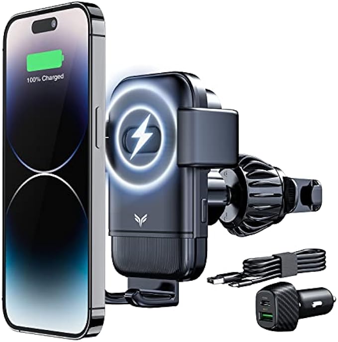 Wireless Car Charger, 15W Qi Auto-Clamping Car Phone Holder Mount Fast Charging, Wireless Car Mount for iPhone 14/13/12, Galaxy with QC 3.0 Car Charger and Type C Cable