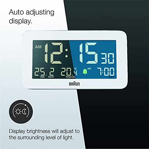 Braun Digital Alarm Clock With Date, Month And Temperature Displayed, Negative Lcd Display, Quick Set, Crescendo Beep Alarm In White, Model Bc10W. #TOP3