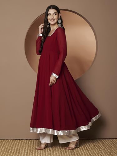 Image of KZA Women's Georgette Hand Embroidered Flared Anarkali Suit for Women | Full Sleeves Flare Anarkali Dress for Woman | Ethnic Flared Anarkali Kurta for Women