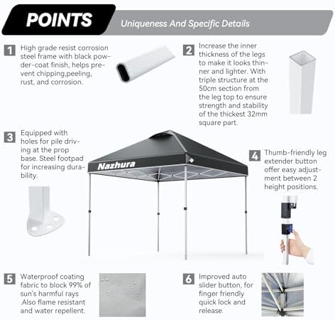 Nazhura 10' x 10' Pop Up Canopy Tent with Sand Weight Bag, Freestanding Sun Shelter for Picnic and Camping, One Person Setup and Height Adjustable (Grey) — view 3