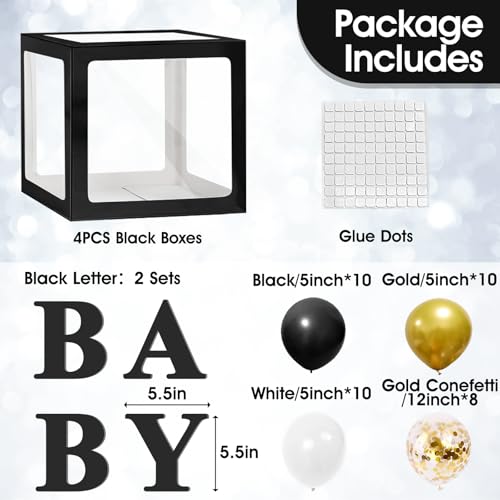 Image of Ledido Baby Boxes with Letters for Baby Shower Decorations with 38 Balloons, 4 pcs Clear Baby Balloon Boxes Blocks for Baby Shower Decor Boy Girl Gender Reveal Decorations Backdrop Party (Black)
